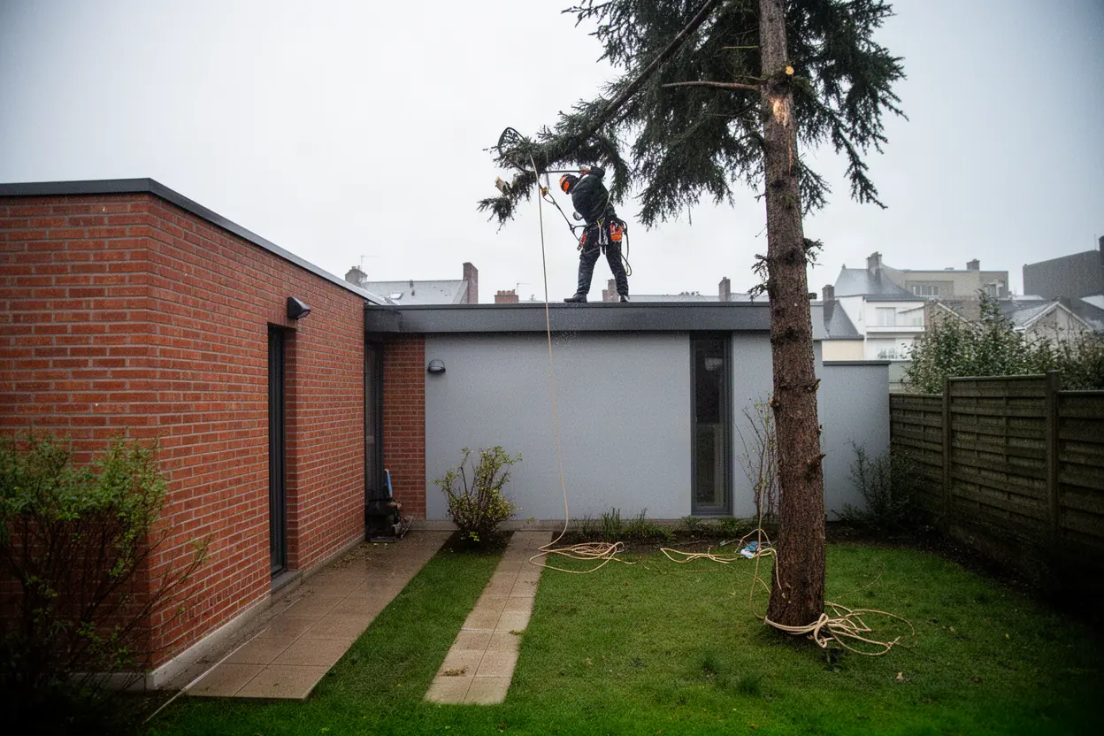 Démontage sécurisé d'un arbre en cour à Calais