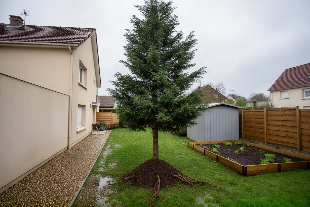 Conifère incliné dans un jardin à Coquelles