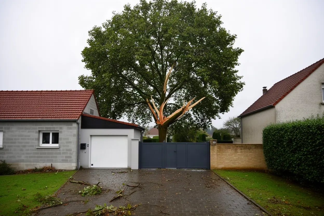 Branche fracturée suspendue au-dessus d'une allée à Marck