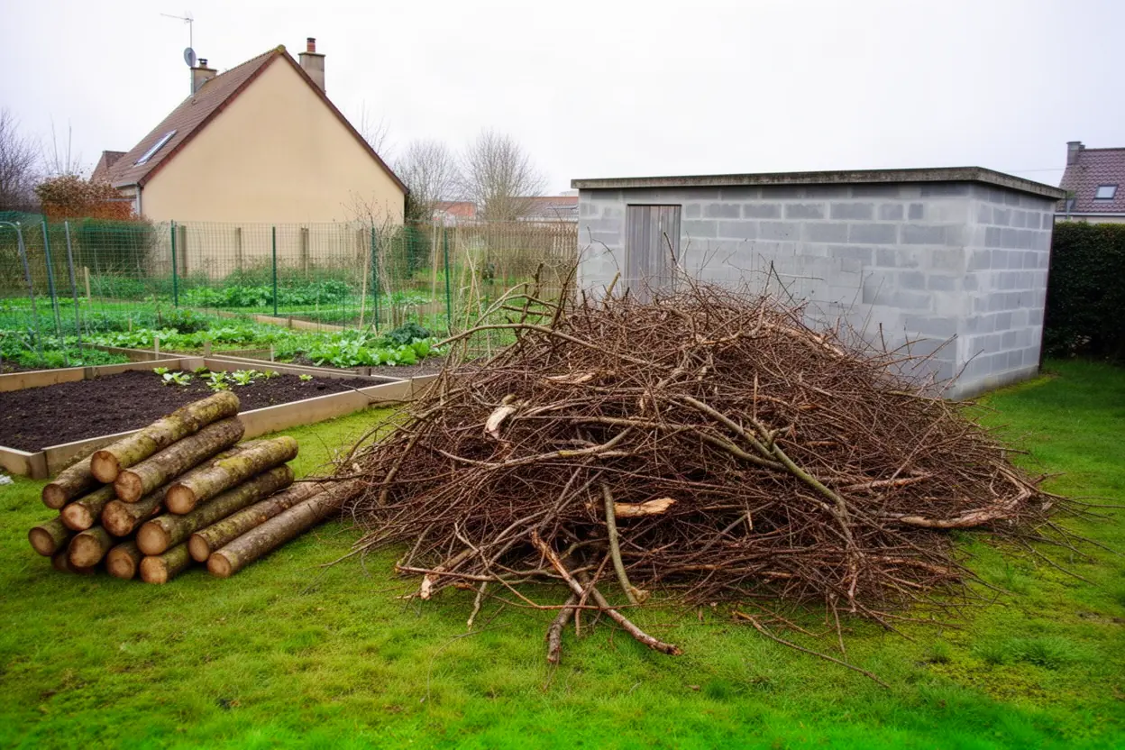 Bois mort entassé avant évacuation à Guînes